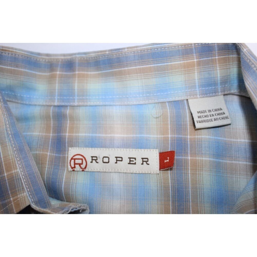 Roper Men's Cowboy Shirt L Blue Tan Plaid Western Pearl Snap Casual Fit Relaxed - Picture 7 of 15